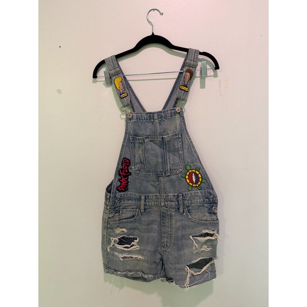 Custom Band & Pop Culture Patched Denim Overalls | Distressed Shortalls (XS)